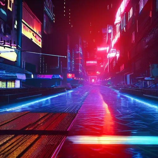 Image similar to « glowing neon lights, sunrise, cyberpunk, alita battle angel, blade runner, rainy, cold, clouds, far view, photorealistic, unreal engine 5, sharp focus »