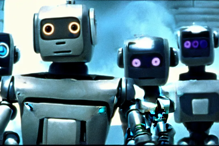 Image similar to a movie still from the 1985 summer blockbuster movie Back to the Robots directed by Steven Spielberg