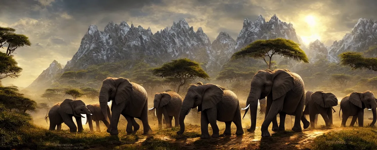 Image similar to African elephants marching in snow mountain landscape, beautiful dynamic lighting, cinematic, wide angle establishing shot, extremely high detail, photo realistic, cinematic lighting, post processed, concept art, artstation, matte painting, style by frederic church, raphael lacoste, unreal engine 8k