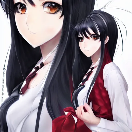 Prompt: luxury advertisement, astonishing portrait of a very beautiful anime high-school girl with black hair twintails, white ribbon, full perfect face, realistic, highly detailed background, artstation, 120 degree view, drawn by Sasoura, Satchely and Akihiko Yoshida, no distortion