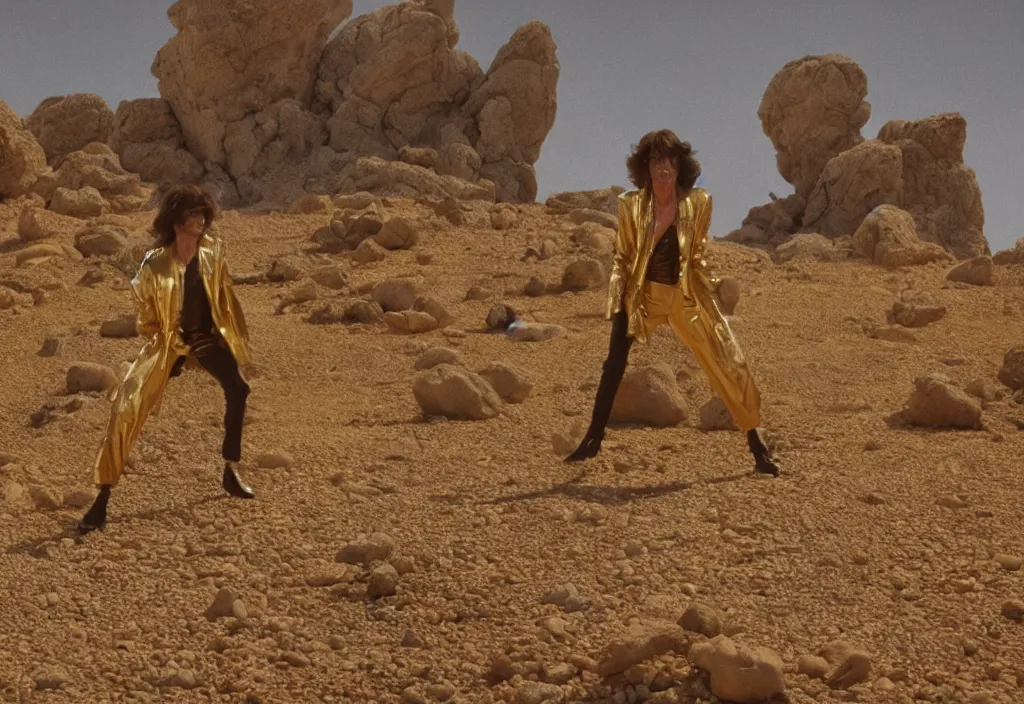 Prompt: mick jagger dressed in golden costume with jewels in a dry rocky desert landscape, with alien complex city beneath the sand and giant alien spaceship in the sky attacks the earth by christopher doyle and alejandro jodorowsky, anamorphic lens, kodakchrome, cinematic composition, masterpiece, 8 k