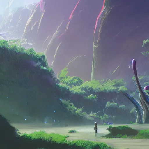 Image similar to concept art painting of an alien world full of alien dinosaurs, detailed, cel shaded, in the style of makoto shinkai and moebius and james gurney