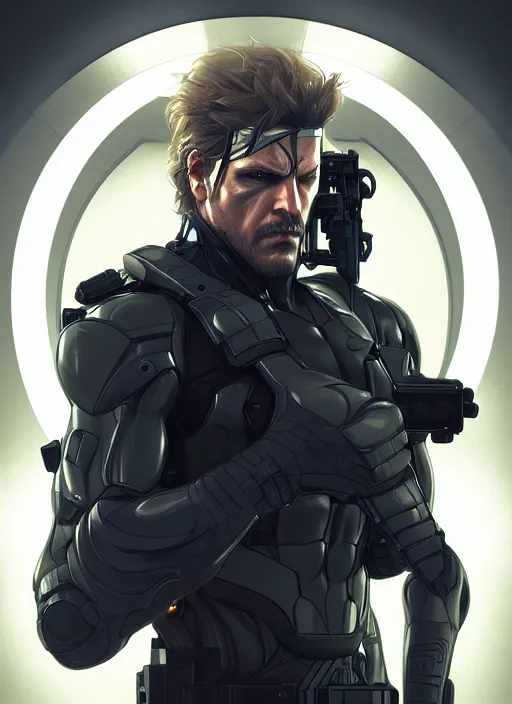 Image similar to symmetry!! portrait of solid snake, metal gear solid, tech wear, glowing lights!! intricate, elegant, highly detailed, digital painting, artstation, concept art, smooth, sharp focus, illustration, art by artgerm and greg rutkowski and alphonse mucha