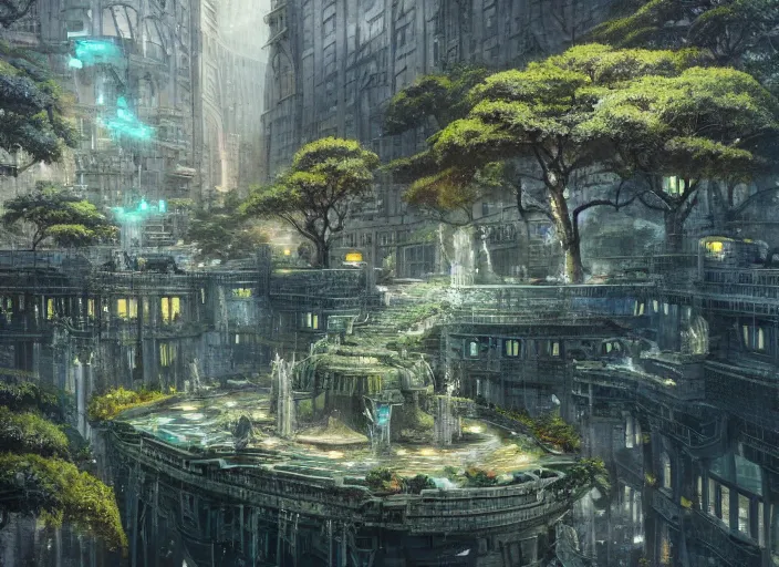 Prompt: A beautiful under water city made of black steel and glass, anime, lush trees, fountain, statue, a fantasy digital painting by Greg Rutkowski and James Gurney, trending on Artstation, highly detailed