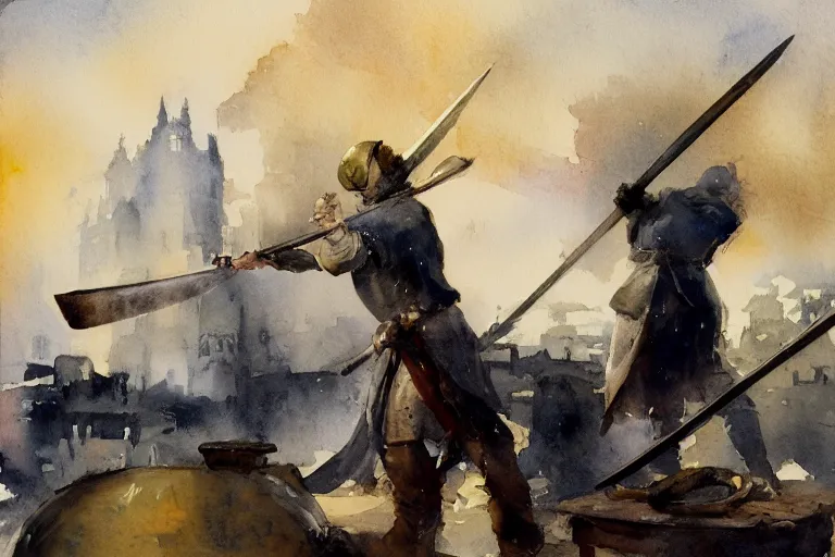 Prompt: centered on watercolor paper, paint brush strokes, smudged abstract watercolor painting of medieval blacksmith with apron, anvil, hammer, glow, forging a sword, cinematic light, national romanticism by hans dahl, by jesper ejsing, by anders zorn, by greg rutkowski, by greg manchess, by tyler edlin