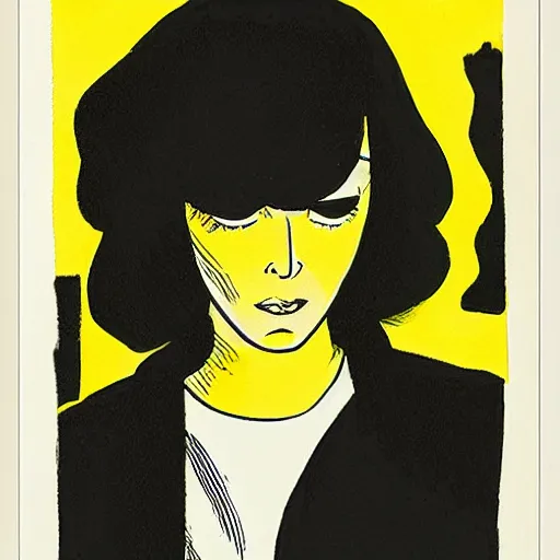 Image similar to a female character drawn by david mazzucchelli and marjane satrapi, cmyk portrait