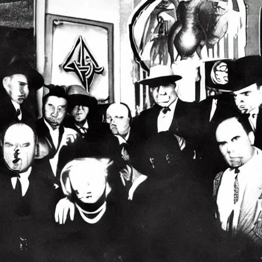 Prompt: Satanic States of America, alternate history, 1930s Chicago gangster, Al Capone, goth Al Capone, occult, 1930s photograph, mafia, Satanic symbols in the background, Great Depression