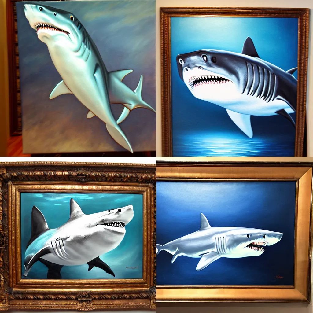 Image similar to subject: oversized shark , style: very heavy textured oil painting with dramatic light