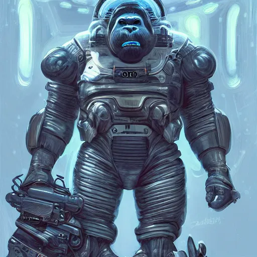 Image similar to detailed science - fiction character portrait of a silverback gorilla wearing a omnicolored armored space suit holding a space alien gun, intricate, wild, highly detailed, digital painting, artstation, concept art, smooth, sharp focus, illustration, art by artgerm and greg rutkowski and alphonse mucha