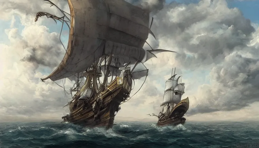 Image similar to a large pirate airship flying among the clouds, soaring through the sky, realist painting, pirate, beautiful, highly detailed, trending on art station