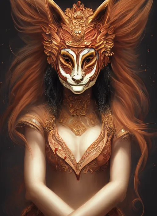 Image similar to a beautiful detailed oil on copper art illustration of a japanese kitsune mask devil beautiful woman, centered, by charlie bowater, zeng fanzh, trending on artstation, dim dusk lighting, cinematic lighting, detailed lighting, volumetric lighting, realistic, f 8, 4 k hd wallpaper