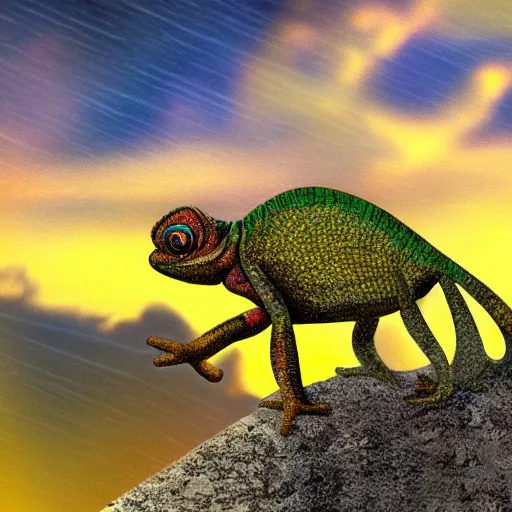 Image similar to golden chameleon hanging on a cliff by its tail, trying to catch rain drops, epic sunset skies in the background, very detailed digital art