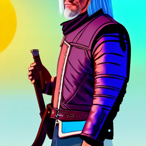 Prompt: 3 / 4 view closeup portrait of geralt of rivia with light blue shutter shades in front of a sunset, a dark purple leather jacket, vector art by jan tengnagel, pixabay contest winner, retrofuturism, retrowave, synthwave, outrun, portrait, synthwave