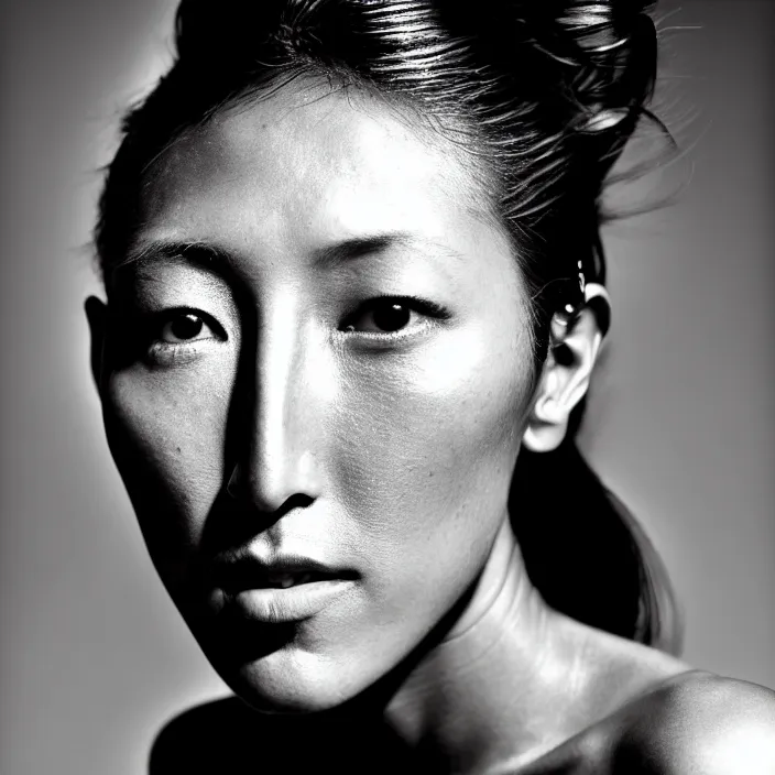 Image similar to photography face portrait on a tropical background of a beautiful woman like dichen lachman, black and white photography portrait, skin grain detail, high fashion, studio lighting film noir style photography, by richard avedon, and paolo roversi, nick knight, hellmut newton,