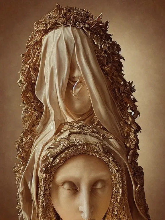 Image similar to a beautiful render of baroque catholic veiled sculpture, the red queen pieta, with symmetry intricate detailed,by LEdmund Leighton, peter gric,aaron horkey,Billelis,trending on pinterest,hyperreal,jewelry,gold,intricate,maximalist,glittering,golden ratio,cinematic lighting