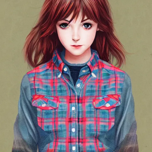 Prompt: max caulfield wearing a red plaid flannel shirt, fantasy, intricate, young and cute girl, highly detailed, digital painting, artstation, concept art, smooth, sharp focus, illustration