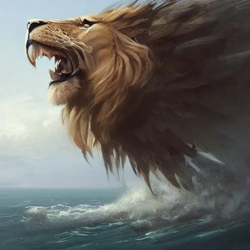 Image similar to A lion with eagle wings coming out of the sea , digital Art, Greg rutkowski, Trending artstation, cinematographic, hyperrealistic