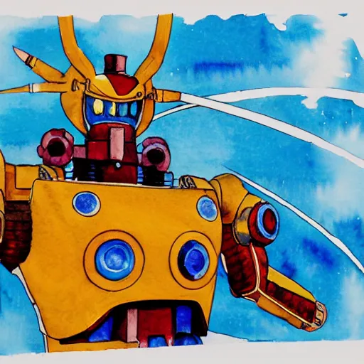 Prompt: an intricate water colour painting of a giant anime robot with rounded and circular parts