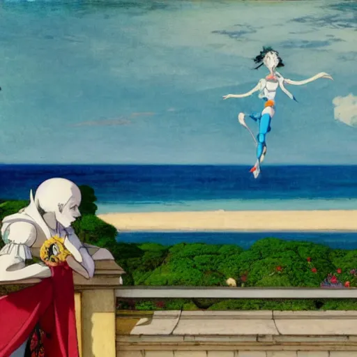 Image similar to A jester on the front of a Balustrade with a beach on the background, a colab between studio ghibli and paul delaroche