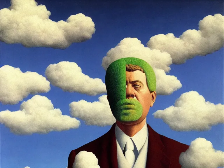 Prompt: man made out of clouds, painting by rene magritte, high detail, high resolution