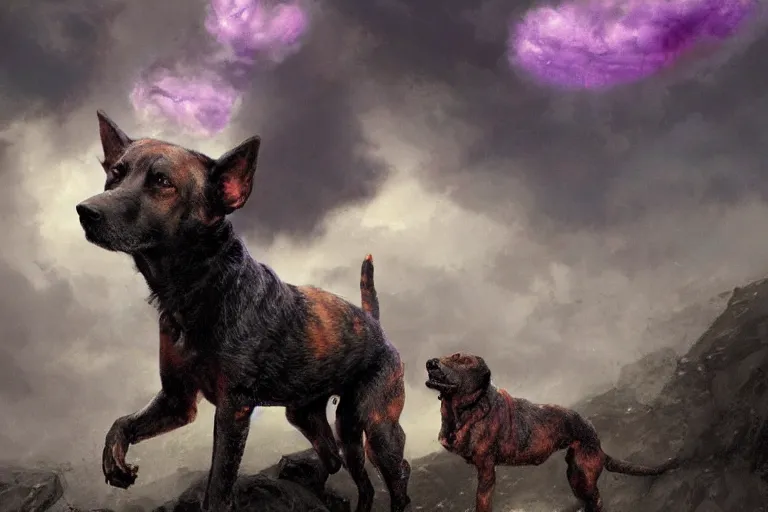 Prompt: a amazing picture of hell's three - headed dog, turned into a purple roll, rushed down from the sky, a boy, by greg rutkowski and thomas kinkade, trending on artstation