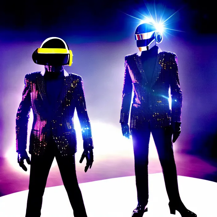 Prompt: daft punk performing at the super bowl, national geographic, photo, cinematic, soft lighting, epic