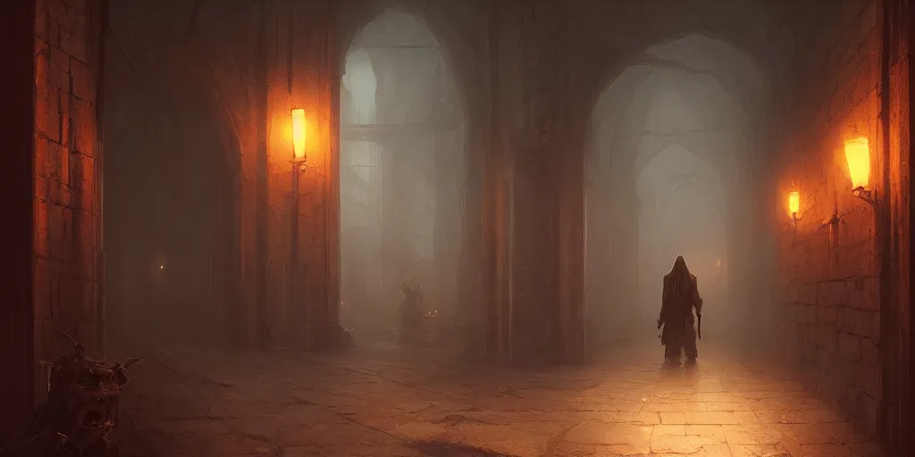 Image similar to death awaits in the hallway, by Andreas Rocha + Ted Nasmith, dark, cinematic lighting, masterpiece, highly detailed, 8k resolution, trending on art station