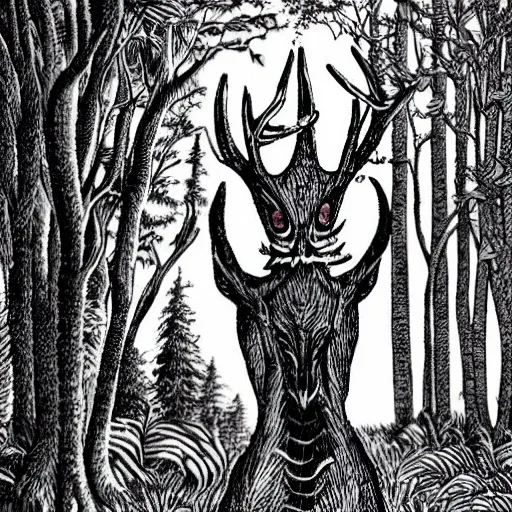 Prompt: a humanoid deer monster in a forest, by Junji Ito