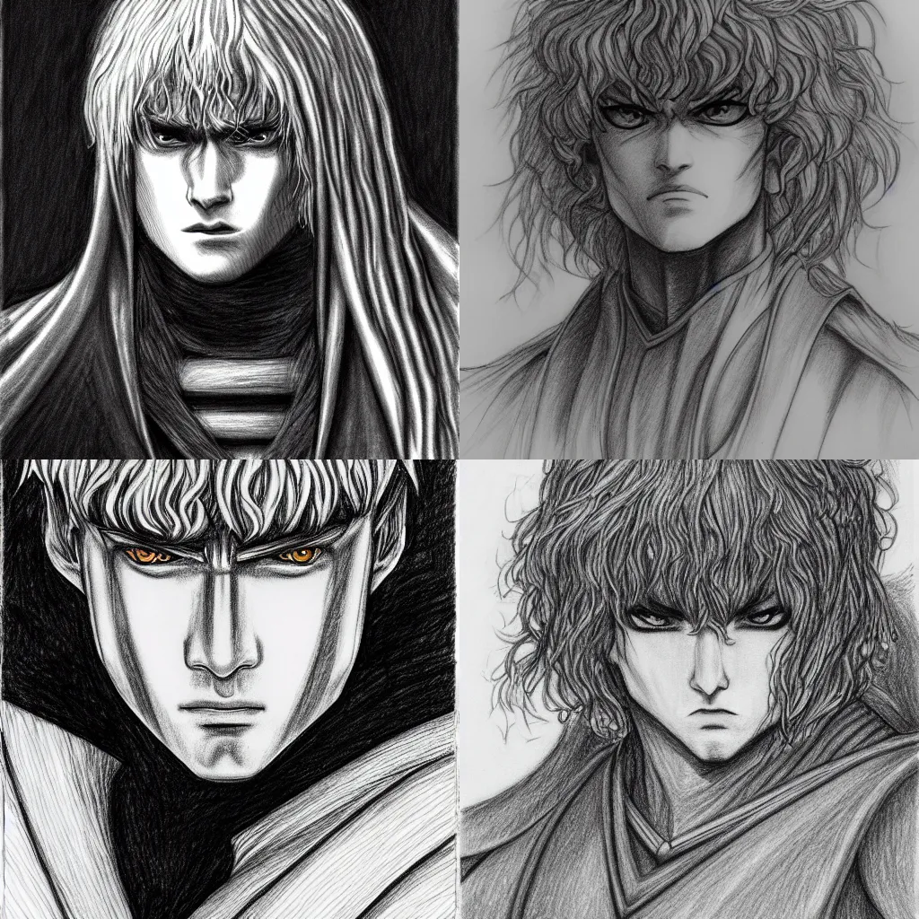 Prompt: pencil sketch of griffith, berserk, highly detailed, black and white, centered, portrait