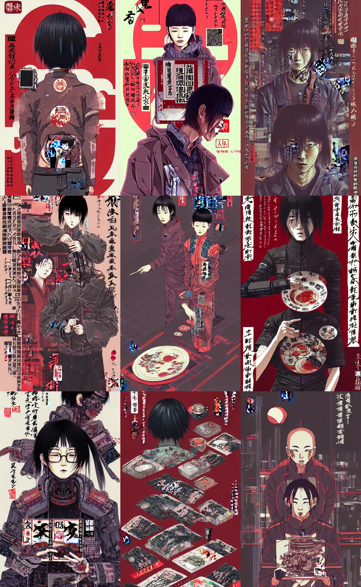 Prompt: package empty plate japanese cyberpunk chinese illustration concept art trending on arstation 4 k, graphic design, by kim jung ji, katsuhiro otomo and junji ito