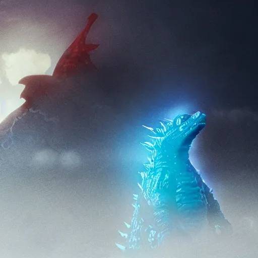 Image similar to godzilla, standing, drooling blue lava, octane render, 3D