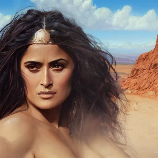 Image similar to a matte painting of salma hayek wild west woman, oil painting, pale colors, high detail, 8 k, wide angle, trending on artstation,