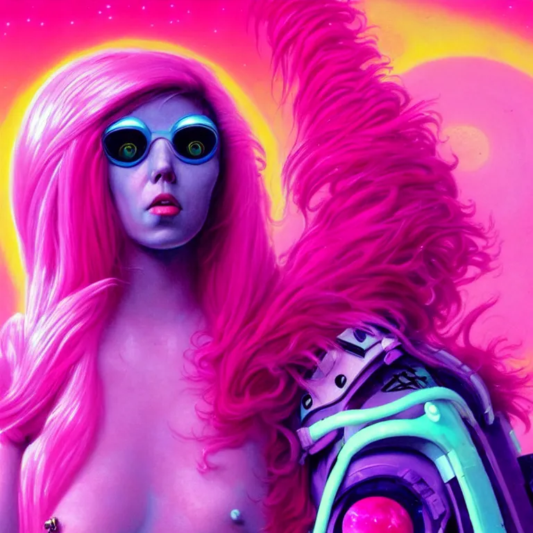 Image similar to cosmic astronaut girl pink hair, 2 0 yo, close - up, synthwave, bright neon colors, highly detailed, cinematic, tim white, roger dean, michael whelan, jim burns, bob eggleton, philippe druillet, kubrick, alfred kelsner, vallejo