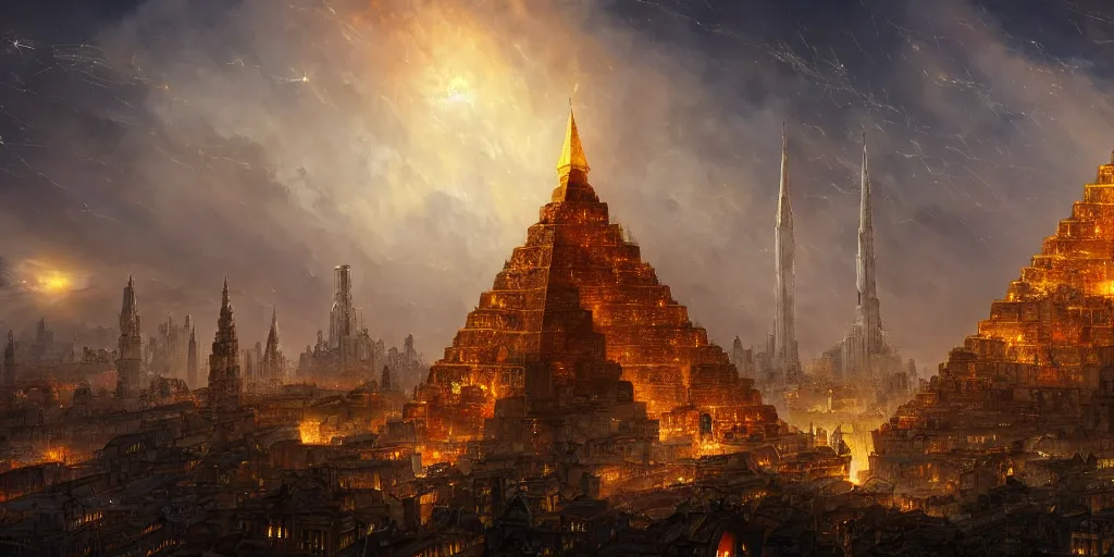 Image similar to magical city of the Great Tartarian Empire adorned with amazing lost technology, lighting resembling fireflies, spires from rooftops collecting and distributing etheric energy, the centerpiece of the city is a colossal ancient pyramid made of metal, cityscape, combining intense detail & utmost quality, Christian Hecker, Artstation, - H 832