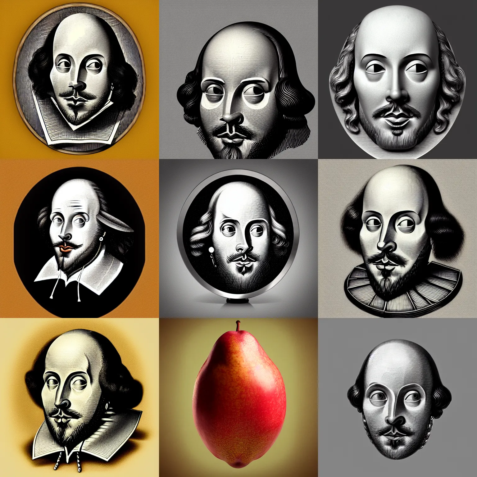 Prompt: face of william shakespeare engraved on a pear!!!!! fruit, octane render, colored, 4 k, deviantart