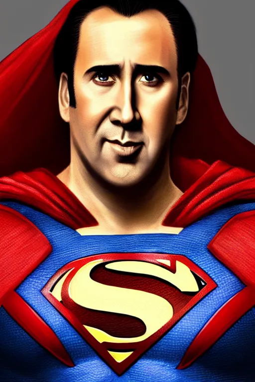 Image similar to Portrait of Nicolas Cage as superman, DC, justice league, cinematic lighting, intricate, elegant, highly detailed, digital painting, artstation, painted by Artgerm and Mark Waid and Greg Rutkowski and Mandy Jurgens and Snyder