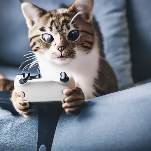 Image similar to a cute cat playing video games while sitting on a couch