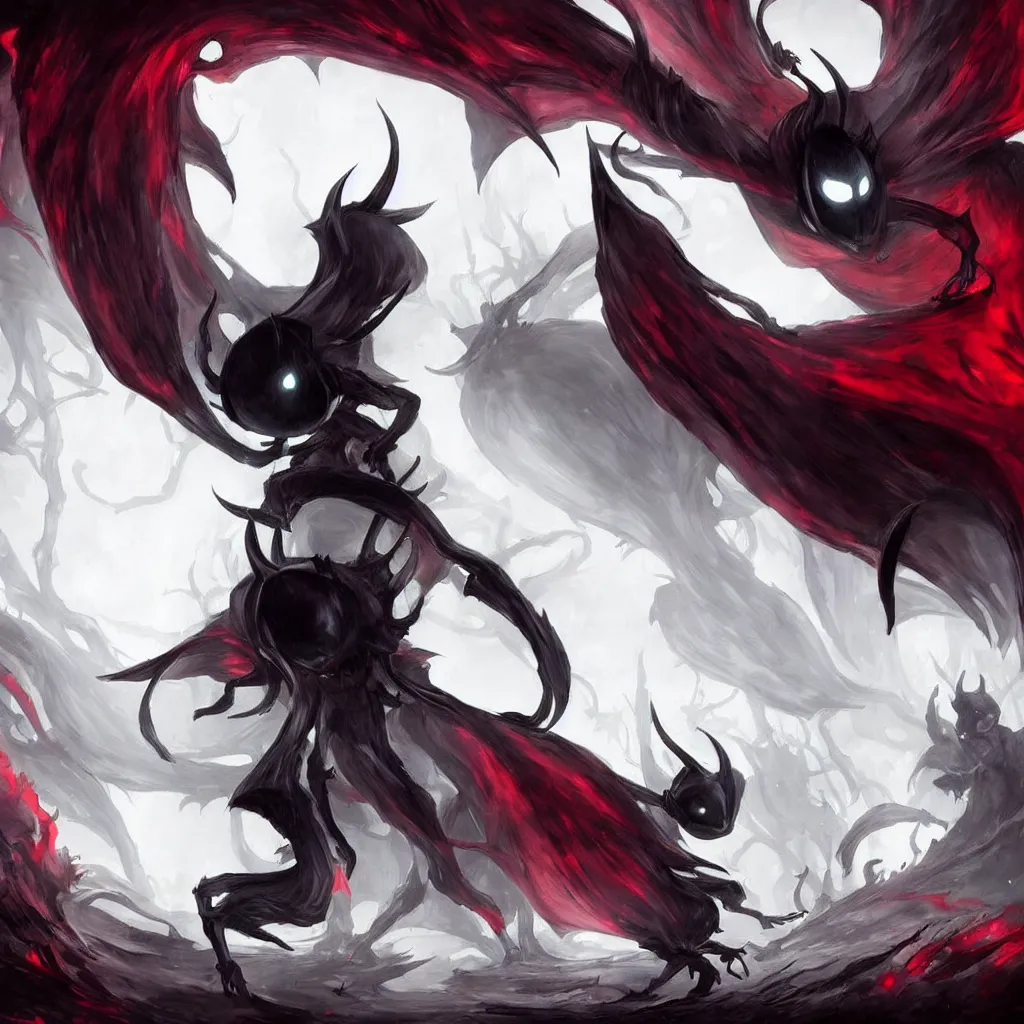 Prompt: concept art for hollow knight. Ominous. High detail. No text. Red. Bright Colors. nightmare king grimm. Sharp. 4K 8K. Detailed shapes.