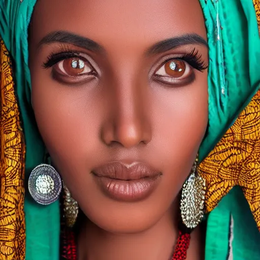 Image similar to somali woman, somali traditional attire, model, simple backdrop, portrait, beautiful, intricate, sharp focus on eyes, detailed face