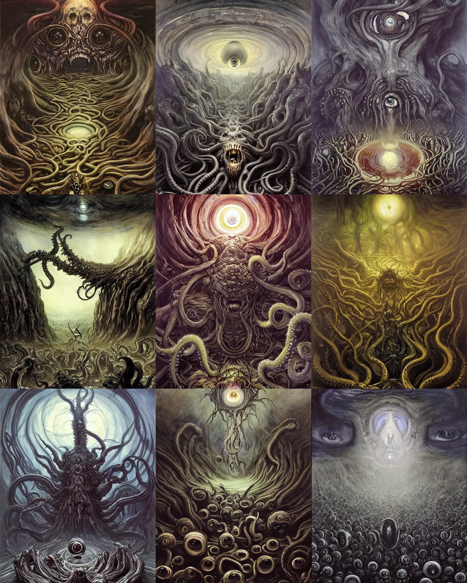 Prompt: ritual of otherworldly massive cthulu god arising a grim obsidian landscape made of giant eyeballs, painting by donato giancola, artgerm, edvard munch, craig mullens, gustave dore, thomas moran, hieronymus bosch, hp lovecraft, paranoid vibe, terror giant infinite eyes horror spider eyes tentacles maggots feeling of madness and insanity