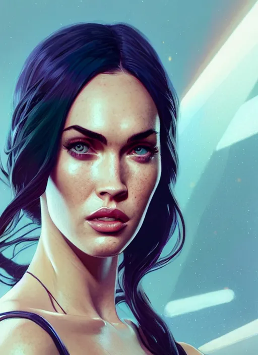 Image similar to highly detailed portrait of megan fox in gta v, stephen bliss, unreal engine, greg rutkowski, loish, rhads, beeple, makoto shinkai and lois van baarle, ilya kuvshinov, rossdraws, tom bagshaw, alphonse mucha, global illumination, god rays, detailed and intricate environment