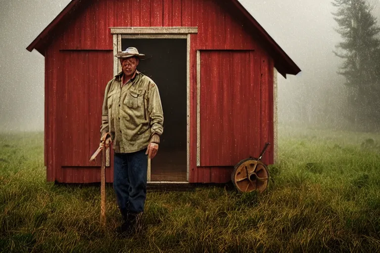 Prompt: a cinematic headshot portrait of a farmer, stood outside a wooden cabin, rain, ultra realistic, dramatic lighting, by mike campau and annie leibovitz