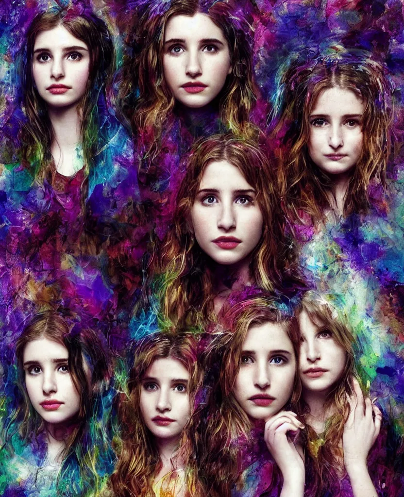 Image similar to young Emma Roberts, Thomasin McKenzie, and young Mädchen Amick as goddesses of ravens looking searchingly into your eyes. minute detail. blended shadowing. tricolors. ultra colorful. perfect lighting. perfect pose. amazing creative portrait illustration. the best portrait of a beautiful goddess in existence. large format image. image appears 3D.