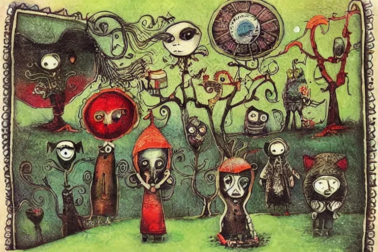 Prompt: lowbrow folk art in the style of alexander jansson,