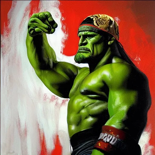 Prompt: wrestler hulk hogan, photorealistic, ring of fire, painted by phil hale