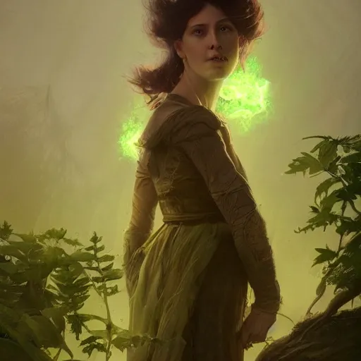 Image similar to epic portrait an person having an green glowing plumbob floating above their head, pretty, digital painting, artstation, concept art, soft light, hdri, smooth, sharp focus, illustration, fantasy, intricate, elegant, highly detailed, D&D, matte painting, in the style of Greg Rutkowski and Alphonse Mucha and artemisia, 8k, highly detailed, jurgens, rutkowski, bouguereau, pastoral, rustic, georgic