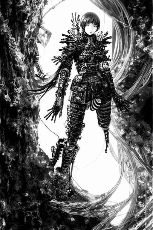 Image similar to a vertical portrait of a character in a scenic environment by Yoshitaka Amano and Nihei Tsutomu, black and white, dreamy, steampunk armor, highly detailed