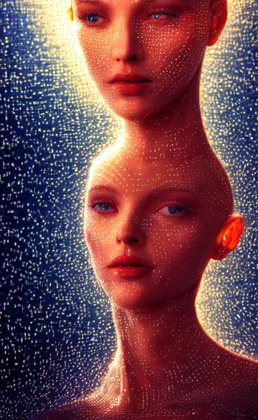 Prompt: extremely detailed cinematic movie still 3 0 7 7 portrait shot of a supermodel 2 5 years old white woman hyperreal skin face thin golden strings in art - nouveau shapes with tiny crystals all around by denis villeneuve, wayne barlowe, simon birch, marc simonetti, philippe druillet, bright volumetric sunlight from remote star, rich moody colors, closeup, bokeh