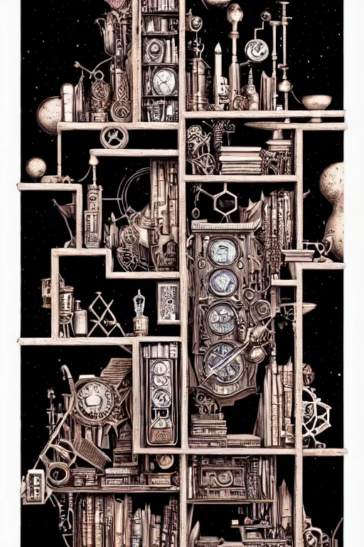 Image similar to a majestic steampunk alchemists bookshelf, two point perspective, furniture, high details, bold line art, by vincent di fate and joe fenton, inking, etching, screen print, masterpiece, trending on artstation, sharp, high contrast, hyper - detailed,, hd, 4 k, 8 k