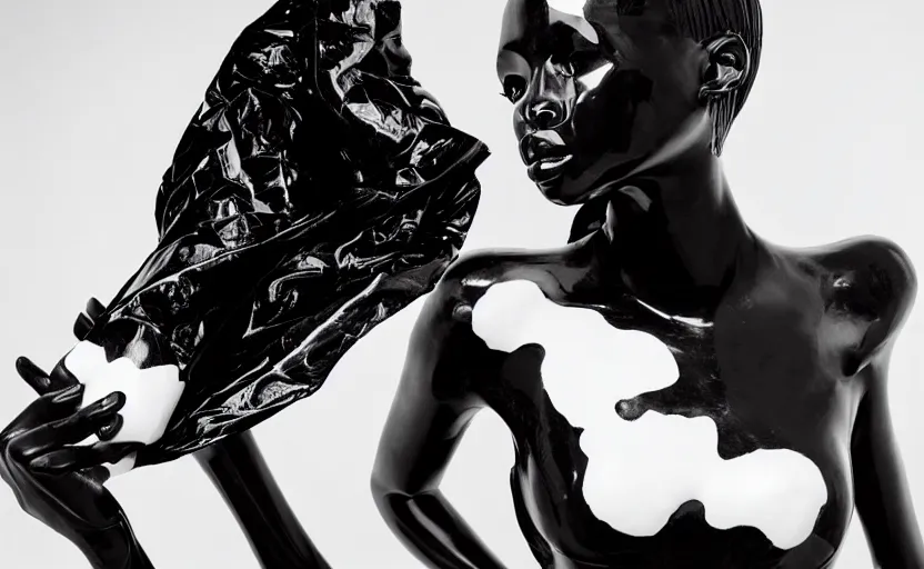 Image similar to extremely beautiful female black statue wearing avant garde huge distorted comme de garcon haute couture gown in the style of rei kawakubo, couture, avant garde, the model is a black glossy marble statue, vogue, fashion, runway, collection, beautifully lit, glossy, hd, 4 k, 8 k, extremely clear focus, sharp, award winning fashion photograph